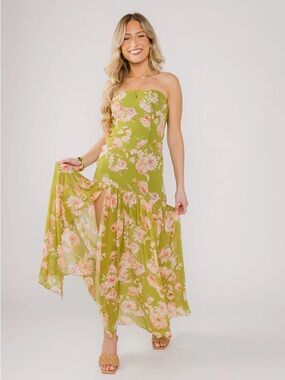 Green Floral Strapless Maxi Dress with Pink Florals